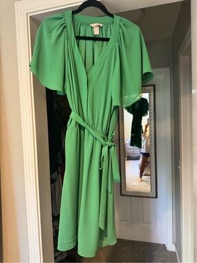 Green Belted Midi Dress with Flutter Sleeves
